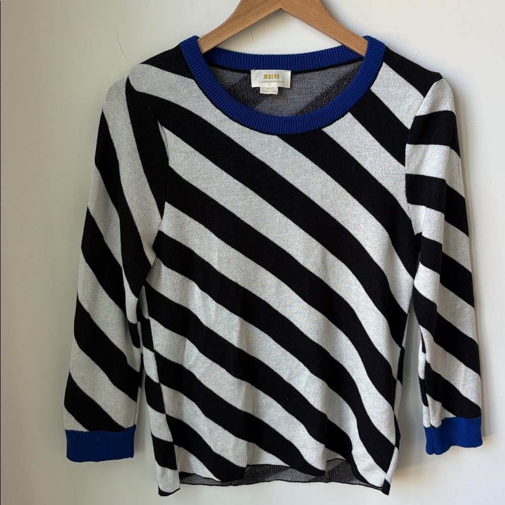 Maeve Striped Pullover Sweater in Black, White, Blue Casual Date Night Size M